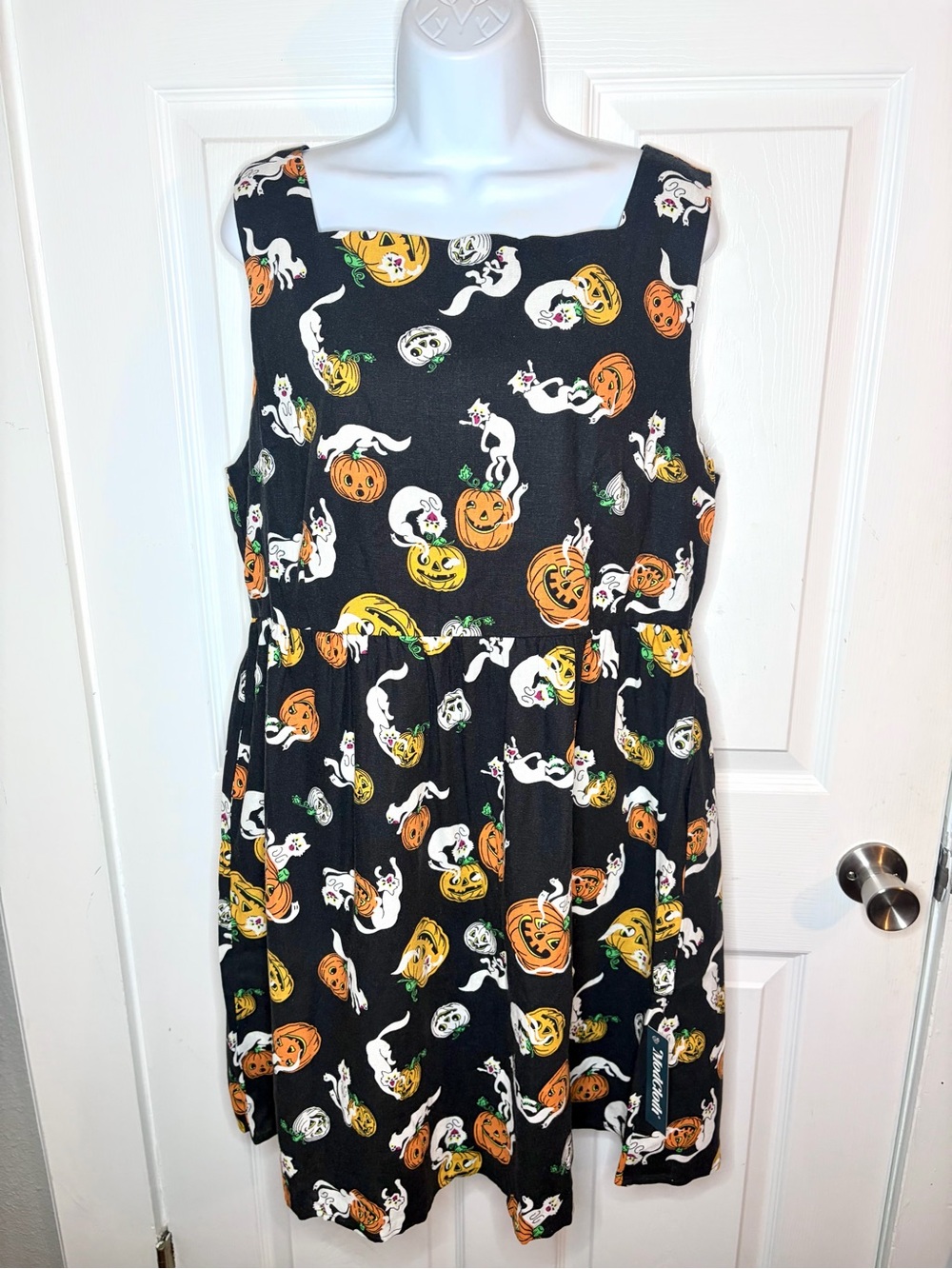 Modcloth Truth Or Square Linen Sleeveless Halloween Dress Boo Cats Black 16 NWT - Picture 5 of 13